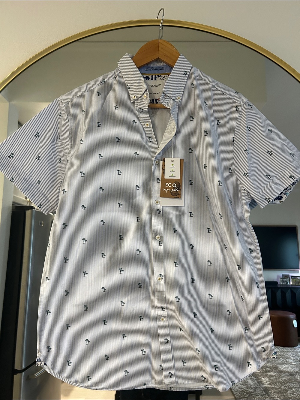 Men's Light Blue Striped Short-Sleeve Shirt with Palm Print